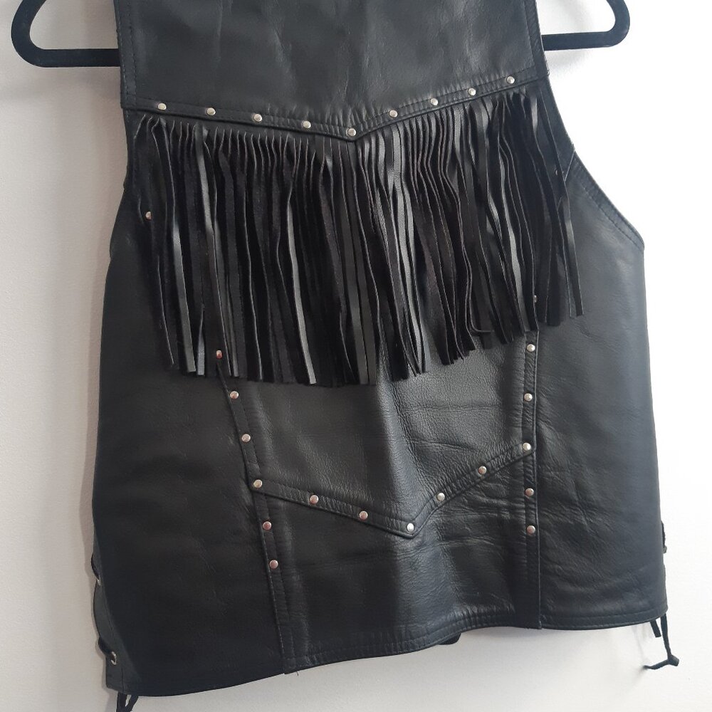 Vintage Genuine Leather Fringe Vest Biker Western Black Lace Up Made in Canada S - Picture 7 of 11